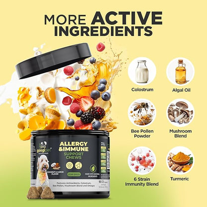 Googipet Dog Allergy Chews, Dog Allergy Relief & Itchy Skin Relief, Dog Skin & Coat Supplement +Bee Pollen, Colostrum for Dogs, Coconut Oil, Probiotics, & Omega 3 Fish Oil for Dogs Itching Skin Relief