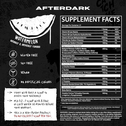 AFTERDARK INHUMAN Pre-Workout Powder, Enhanced Mind-Muscle Connection, Sustained Energy, Potent Nootropic Blend, Vegan, Gluten-Free, Soy-Free, 400mg Caffeine, No Crash, Watermelon