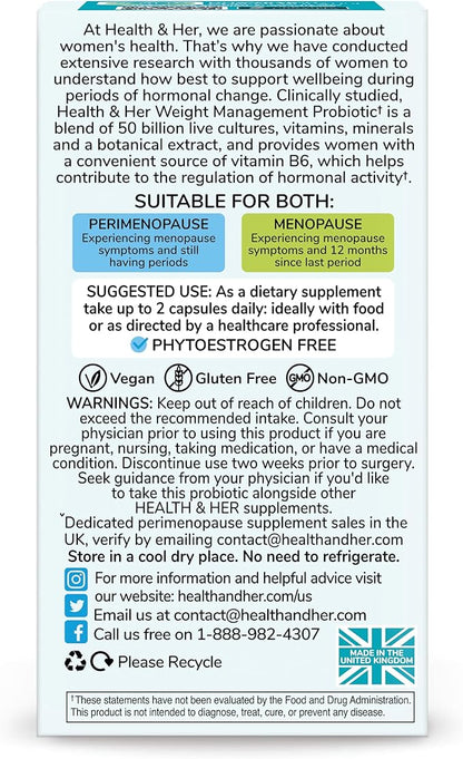 Health & Her Weight Management Probiotic | Perimenopause & Menopause - Clinically Studied 50bn CFU probiotic to Support Gut Health, Energy, Mood & Mind. 1 Month Supply - 60 Vegan Tablets