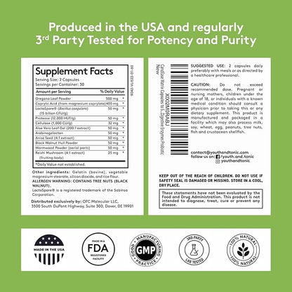 Youth & Tonic CandEase Cleanse Matrix – Overgrowth Support & Gut Health, Intestinal Flora Balance & Body Detox Complex with Oregano, Caprylic Acid, Digestive Enzymes, Probiotics, 60 Pills, Women & Men