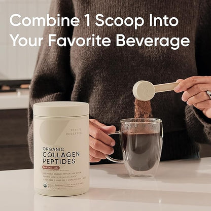 Sports Research Organic Collagen Powder - Hydrolyzed Type I & III Collagen Protein - USDA Organic, Gluten Free, Sustainably Sourced - Dark Chocolate - 30 Servings