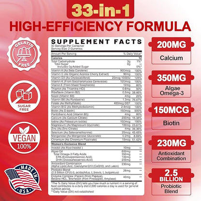 Sugar-Free Womens Multivitamin Gummies, Methylated Multivitamin for Women/w Omega-3, Calcium, Enzymes & Probiotic, Vitamin A, C, D3, Folate, Biotin, Inositol - Skin, Hair Growth, Immune, Bone - Vegan