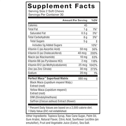 FORCE FACTOR Perfect Maca, Maca Root and DIM Supplement with Saffron to Boost Energy and Mood, with Yellow and Black Maca, Vitamins, Minerals, and Antioxidants, Dark Cherry Flavor, 60 Soft Chews