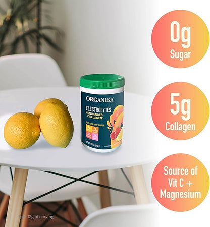 Organika Electrolytes + Enhanced Collagen- Zesty Lemon Berry Flavour- Sugar-Free Hydration + Protein 360 gram - 30 Servings
