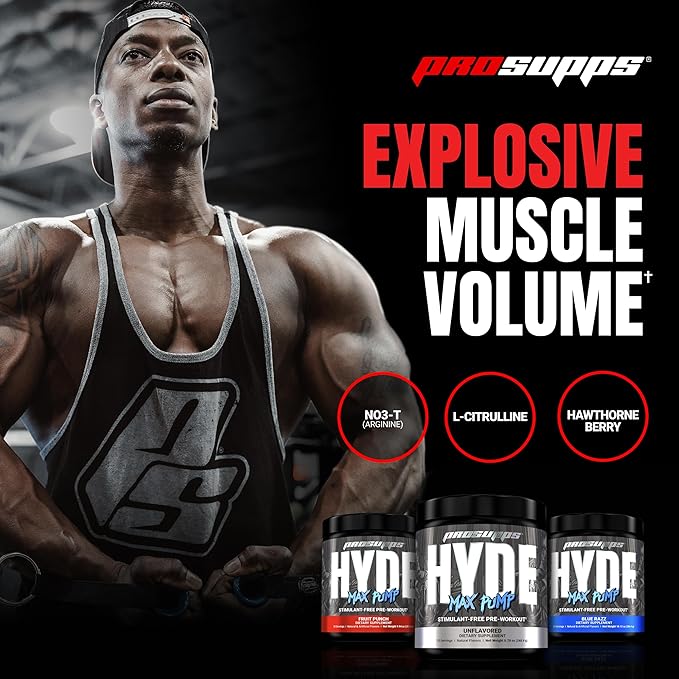 PROSUPPS Hyde Max Pump Pre Workout for Men and Women - Nitric Oxide Supplement for Pump and Endurance - Stimulant Free Pre Workout to Promote Blood Flow and Muscle Strength (Unflavored, 20 Servings)