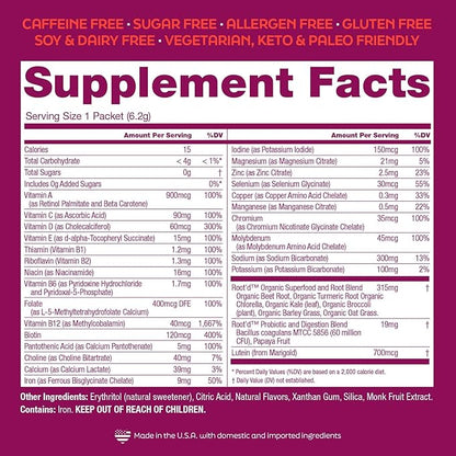 Root'd Multivitamin Powder for Women - 25 Vitamins & Minerals with 3X Electrolytes, 9 Organic Superfoods, Probiotics & Enzymes, Sugar-Free Multivitamin & Hydration | 24 Vitamin Drink Mix Packets