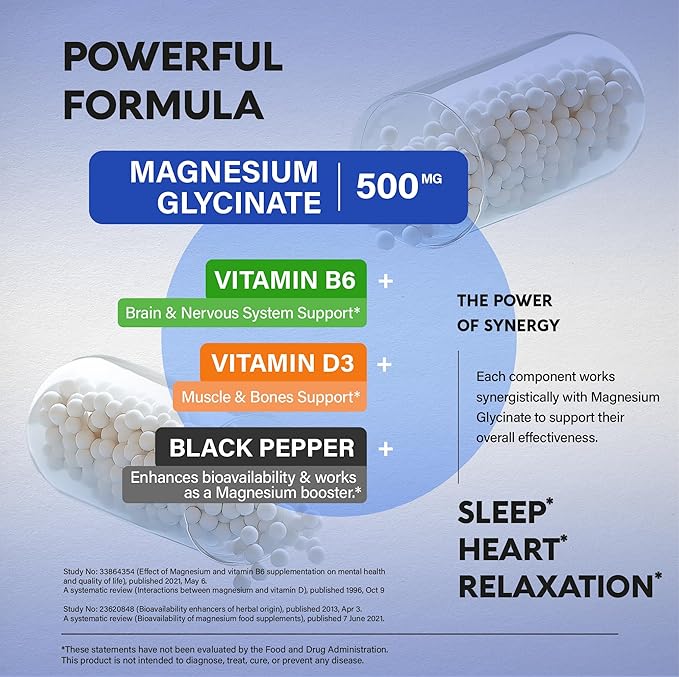 Magnesium Glycinate 500 mg - Chelated Supplement - with Vitamin B6 & D3 - High Absorption 98% - Support for Sleep, Muscle & Heart Health - Made in USA, Lab Tested & Non-GMO - 120 Capsules