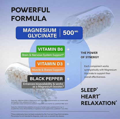 Magnesium Glycinate 500 mg - Chelated Supplement - with Vitamin B6 & D3 - High Absorption 98% - Support for Sleep, Muscle & Heart Health - Made in USA, Lab Tested & Non-GMO - 120 Capsules