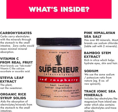 Superieur Electrolytes – Plant Based Electrolyte Supplement w/Sea Minerals for Hydration & Recovery – Keto Friendly, Non-GMO, Zero Sugar, Vegan Healthy Sports Drink Powder – Raspberry (70 Servings)