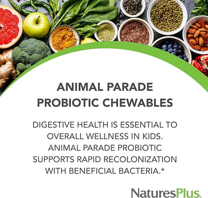 Natures Plus Animal Parade Probiotic, Mixed Berry - 30 Chewables - Children’s Digestion Supplement - Supports Gut Health & Immune Function - Vegan, Gluten Free - 30 Servings