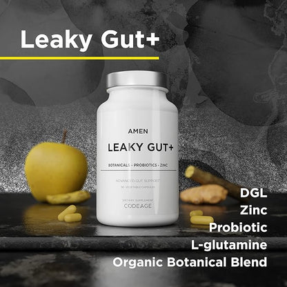 Amen Leaky Gut Supplement - Advanced Formula with Bioavailable L Glutamine, Zinc, Turmeric, DGL Licorice Root - Marshmallow Root - Probiotics & Fermented Prebiotics - Vegan, Non-GMO - 2-Pack