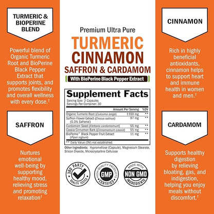 Turmeric Supplement with Saffron, Cinnamon and Cardamom Plus BioPerine Black Pepper Extract for Optimal Absorption, Natural Tumeric Curcumin Joint Support Supplement for Women and Men, 60 Capsules