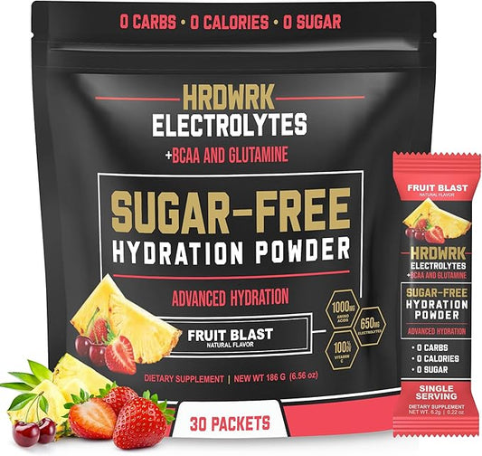 HRDWRK Electrolytes Powder Packets with Magnesium, Potassium Sodium, Keto Hydration Packets - BCAA Electrolyte Powder Packets with Glutamine, 30 Electrolytes Powder Packets Sugar Free (Fruit Blast)