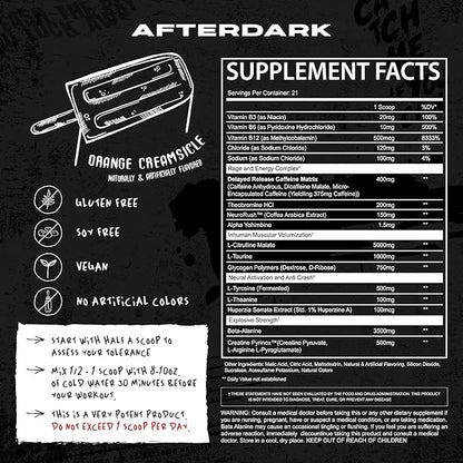 AFTERDARK INHUMAN Pre-Workout Powder, Enhanced Mind-Muscle Connection, Sustained Energy, Potent Nootropic Blend, Vegan, Gluten-Free, Soy-Free, 400mg Caffeine, No Crash, Orange Creamsicle