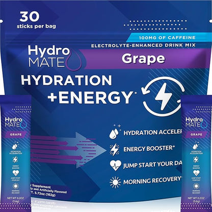 NatureWorks HydroMATE Electrolytes Powder Drink Mix Packets Hydration Accelerator Low Sugar Rapid Party Relief Recovery Vitamin C Plus Grape Pack 30 Count