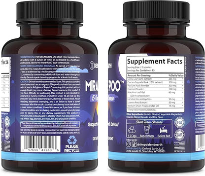 15 Day Gut Cleanse, Miracle Poo Colon Cleanse Capsules for Detox & Digestive Health Support with Psyllium Husk, Senna, & Cascara Sagrada, Non-GMO, 30 Capsules