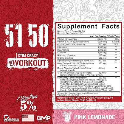 5% Nutrition Rich Piana 5150 High Stim Pre-Workout Powder | Extreme Energy, Focus, Pumps & Endurance | 400 mg Caffeine, Citrulline, Beta Alanine, N-Acetyl L-Tyrosine | 30 Srvgs (Pink Lemonade)
