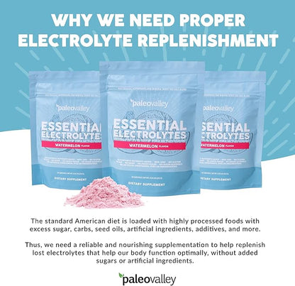 Paleovalley Essential Electrolytes Powder - Full Spectrum Watermelon Electrolyte Powder for Hydration, Energy and Muscle Recovery - No Sugar Added - 28 Servings