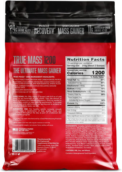 BSN TRUE-MASS Weight Gainer, Muscle Mass Gainer Protein Powder, Strawberry Milkshake, 10.25 Pound