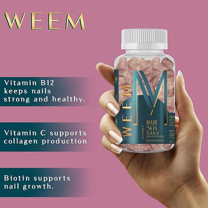 WEEM Hair Skin and Nails Gummies - Supports Healthy Hair - Vegan biotin Vitamins for Women & Men Supports Faster Hair Growth, Stronger Nails, Healthy Skin, Extra Strength (1)