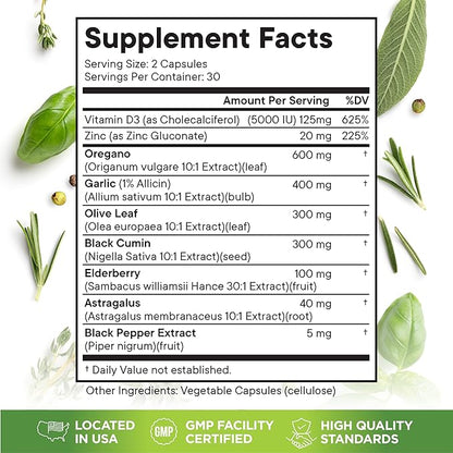 Oregano Oil 6000mg Garlic Extract 4000mg Olive Leaf 3000mg Black Seed Oil 3000mg Astragalus-Immune Support & Digestive Health Supplement for Women and Men- 60 Count