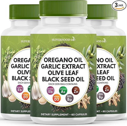 Oregano Oil 6000mg Garlic Extract 4000mg Olive Leaf 3000mg Black Seed Oil 3000mg Astragalus-Immune Support & Digestive Health Supplement for Women and Men- 180 Count