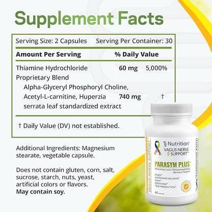 Parasym Plus Vagus Nerve Support, Patented Digestive Nutritional Supplements, Energy Booster for Men and Women, Memory Supplement for Brain, Gentle Immune System Support, 60 Capsules - TJ Nutrition