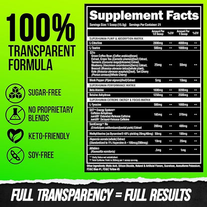 ALPHA LION Superhuman Extreme Pre Workout Powder, Beta Alanine, L-Taurine & Tri-Source Caffeine for Sustained Energy, Nitric Oxide & Citrulline for Pump (21 Servings, Sour Gummy Bear Flavor)
