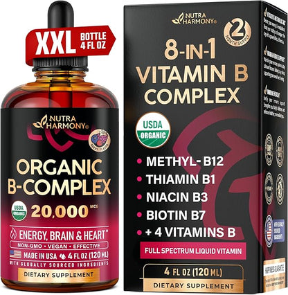 USDA Organic Vitamin B-Complex B5 Pantothenic Acid | B12 Methylcobalamin | B1 Thiamine | B6 Pyridoxine | B7 Biotin | B9 Folic | B3 Niacinamide - B Complex Liquid Drops, Made in USA Supplement, 4fl oz