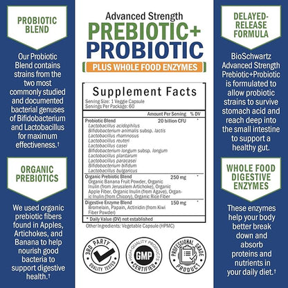 Prebiotics and Probiotic with Whole Food Enzymes for Adults Women & Men - Probiotics Lactobacillus Acidophilus - Digestive Health Capsules Shelf Stable Supplement - Non-GMO Gluten & Dairy Free -60ct