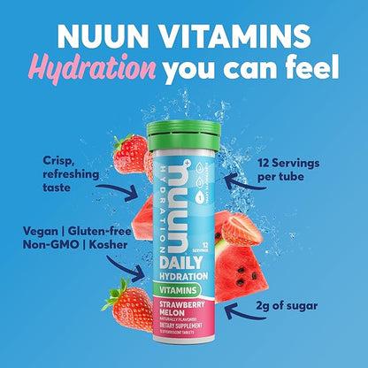 Nuun Hydration Vitamins Electrolyte Tablets, Strawberry Melon, 5 Essential Electrolytes for Hydration + Vitamin A, B6, C, D, E, with Magnesium, Vegan, Non-GMO, 8 Pack (96 Servings)