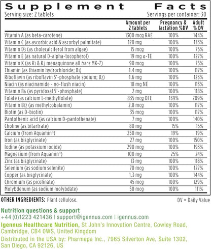 Methylated Prenatal Multivitamin, Folate for MTHFR, High Absorption, Clean Label, Gentle Iron, Choline, Natural Calcium & Magnesium, Vegan Pregnancy Vitamins, Halal, Non-GMO, 60 Tablets, by Igennus