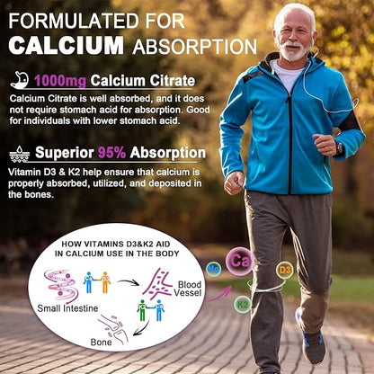 Sugar-Free Calcium Citrate Gummies 1000mg w/Vitamin D3 K2, Magnesium, Zinc, Boron, Manganese, Copper for Bone, Muscle & Immune, Ultimate Absorption Calcium Supplement for Women & Men - Vegan, 60 Count