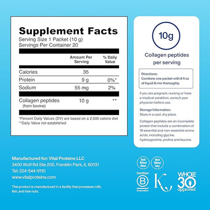 Vital Proteins Grass Fed Collagen Peptides Powder Supplement (Type I, III) Travel Packs, Hydrolyzed Collagen for Skin Hair Nail Joint - 10g per Serving - Unflavored (20ct per Box)