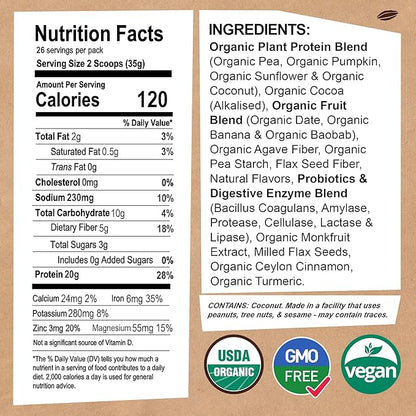 EarthChimp Organic Vegan Protein Powder - with Probiotics - Non GMO, Dairy Free, Non Whey, Plant Based Protein Powder for Women and Men, Gluten Free - 26 Servings 32 Oz (Chocolate) No Scoop