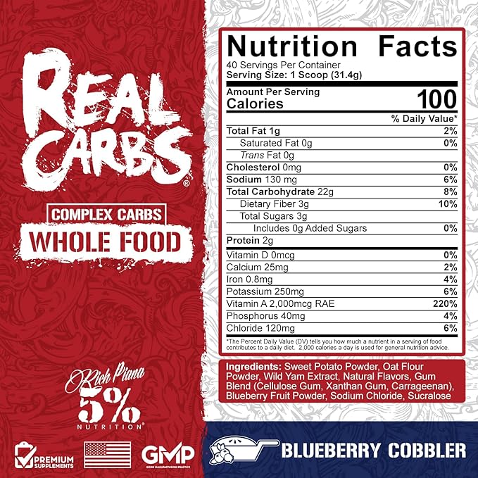 5% Nutrition Rich Piana Real Carbs with Real Food Complex Carbohydrates, Long-Lasting Low Glycemic Energy for Pre-Workout/Post-Workout Recovery Meal, 2.8 lb, 40 Servings (Blueberry Cobbler)