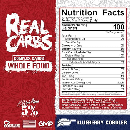 5% Nutrition Rich Piana Real Carbs with Real Food Complex Carbohydrates, Long-Lasting Low Glycemic Energy for Pre-Workout/Post-Workout Recovery Meal, 2.8 lb, 40 Servings (Blueberry Cobbler)