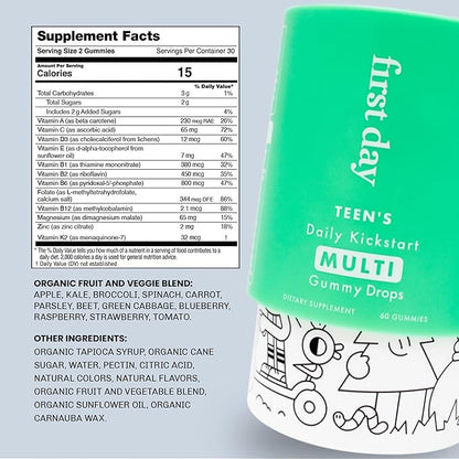FIRST DAY Multivitamin Gummies Bundle for Women & Teens – Vitamins A, B, C, D & K + Folate, Magnesium, Zinc, Biotin & More – Made w/Organic Fruits & Veggies, Only 2g Sugar – 2-Pk, 30 Day Supply Each