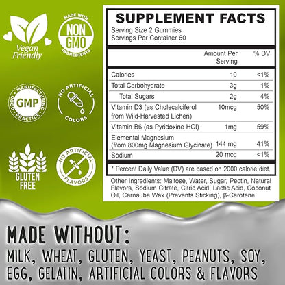 Magnesium Glycinate Gummies 400mg - Magnesium for Sleep, Calm, Relax & Muscle Relief with B6 & D3 and No Melatonin - Family-Friendly for Kids, Teens & Adults - Vegan & Non-GMO Supplement - 120 Count