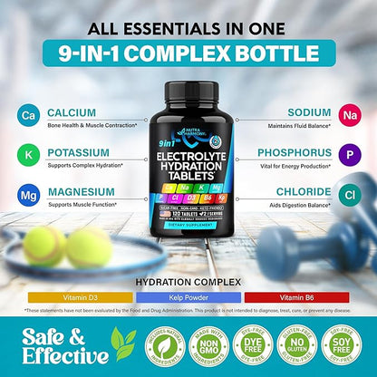 Electrolytes - Electrolyte Tablets with Magnesium, Sodium, Potassium, Chloride, Vitamins D3 & B6, Kelp Powder - Salt Pills - Made in USA - Oral Tablets as Capsules - Vegan & Keto Friendly - 120 Tabs