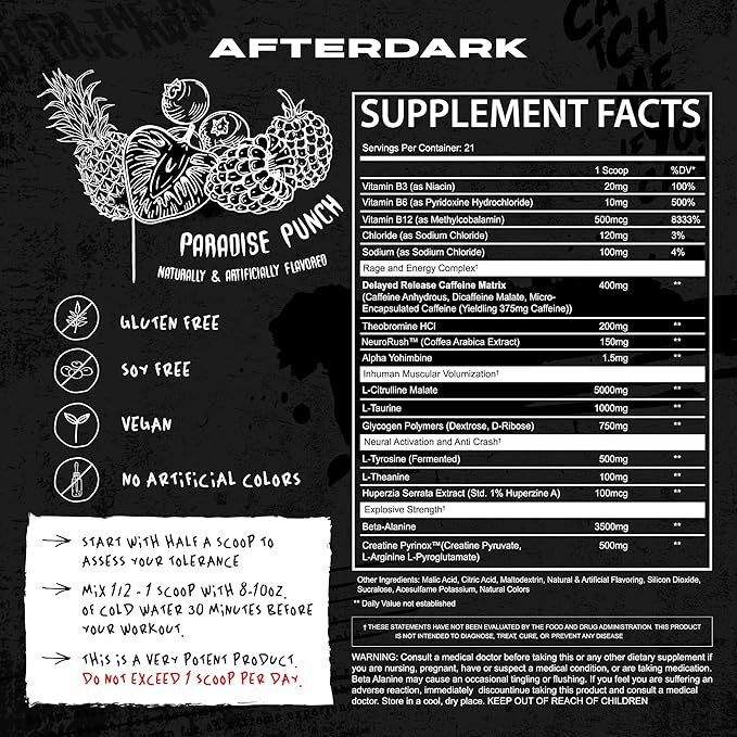 AFTERDARK INHUMAN Pre-Workout Powder, Enhanced Mind-Muscle Connection, Sustained Energy, Potent Nootropic Blend, Vegan, Gluten-Free, Soy-Free, 400mg Caffeine, No Crash, Paradise Punch