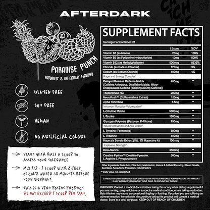 AFTERDARK INHUMAN Pre-Workout Powder, Enhanced Mind-Muscle Connection, Sustained Energy, Potent Nootropic Blend, Vegan, Gluten-Free, Soy-Free, 400mg Caffeine, No Crash, Paradise Punch