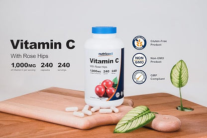 Nutricost Vitamin C with Rose HIPS 1025mg, 240 Capsules - Vitamin C 1,000mg, Rose HIPS 25mg, Premium, Non-GMO, Gluten Free Supplement