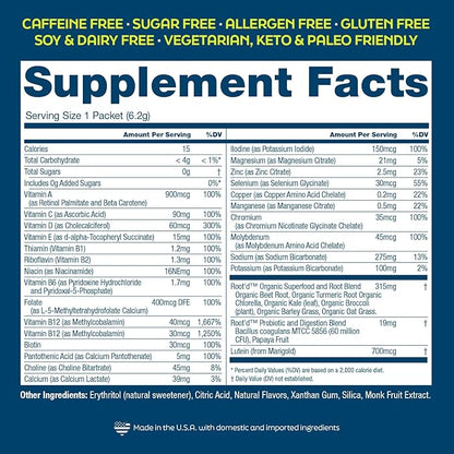 Root'd Multivitamin Powder for Men - 24 Vitamins & Minerals with 3X Electrolytes, 9 Organic Superfoods, Probiotics & Enzymes, Sugar-Free Multivitamin & Hydration | 30 Vitamin Drink Mix Packets