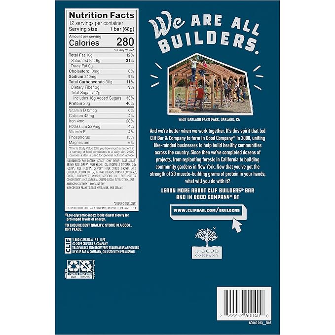 CLIF Builders - Cookies 'n Cream Flavor - Plant Based Protein Bars - Gluten Free - Non-GMO - Low Glycemic - 20g Protein - 2.4 oz. (12 Count)