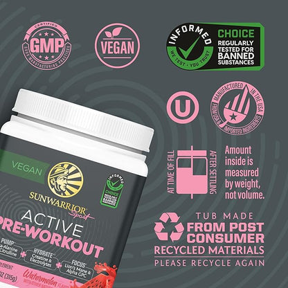 Pre Workout Powder Energy Drink Supplement | Clean Vegan Plant-Based Pre-Workout Supplement | Pump, Hydrate, Focus, Endurance & Strength Builder | Watermelon Flavored | 30 Servings | Active Preworkout