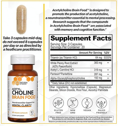 NATURAL STACKS Acetylcholine Alpha GPC 192 mg - 383 mg White Peony Root Extract + 287 mg Pantethine with Vitamin B1 and B5 - Supports Mental Clarity - 60 Acetylcholine Capsules