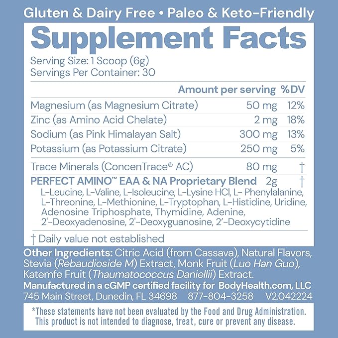 BodyHealth PerfectAmino Electrolytes Powder, Hydration Powder, Sugar Free Electrolyte Drink Mix, Keto Electrolytes Powder, Non GMO, Lemon Lime (30 Servings)