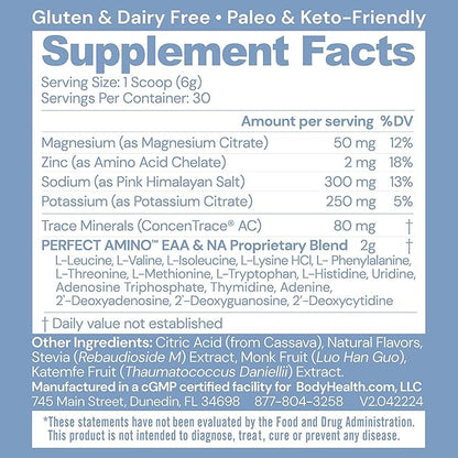 BodyHealth PerfectAmino Electrolytes Powder, Hydration Powder, Sugar Free Electrolyte Drink Mix, Keto Electrolytes Powder, Non GMO, Lemon Lime (30 Servings)