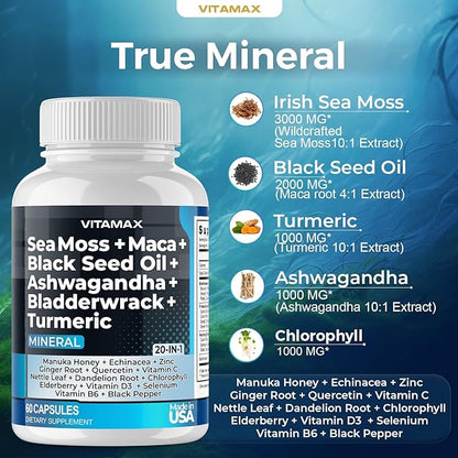 Sea Moss 3000mg Maca 1000mg Black Seed Oil 2000mg Ashwagandha 1000mg Bladderwrack, Turmeric - Manuka, Elderberry, Vitamins C & D3, Chlorophyll, Zinc, Black Pepper - Made in USA (60 Count (Pack of 1)